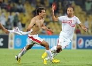 Tunisia's Youssef Msakni celebrates after scoring in Rustenburg on January 22, 2013